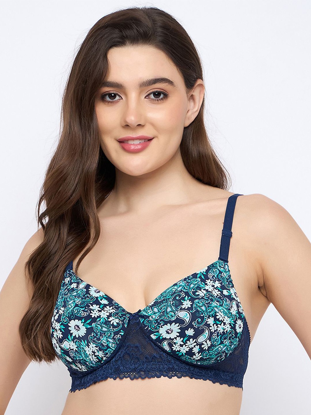

Clovia Women Blue Floral Full Coverage Lightly Padded T-shirt Bra, Navy blue