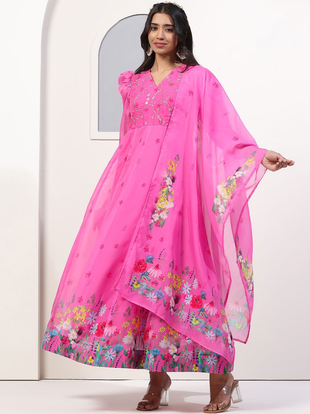 

BAESD Floral Printed Sequinned Anarkali Kurta with Trousers & Dupatta, Pink