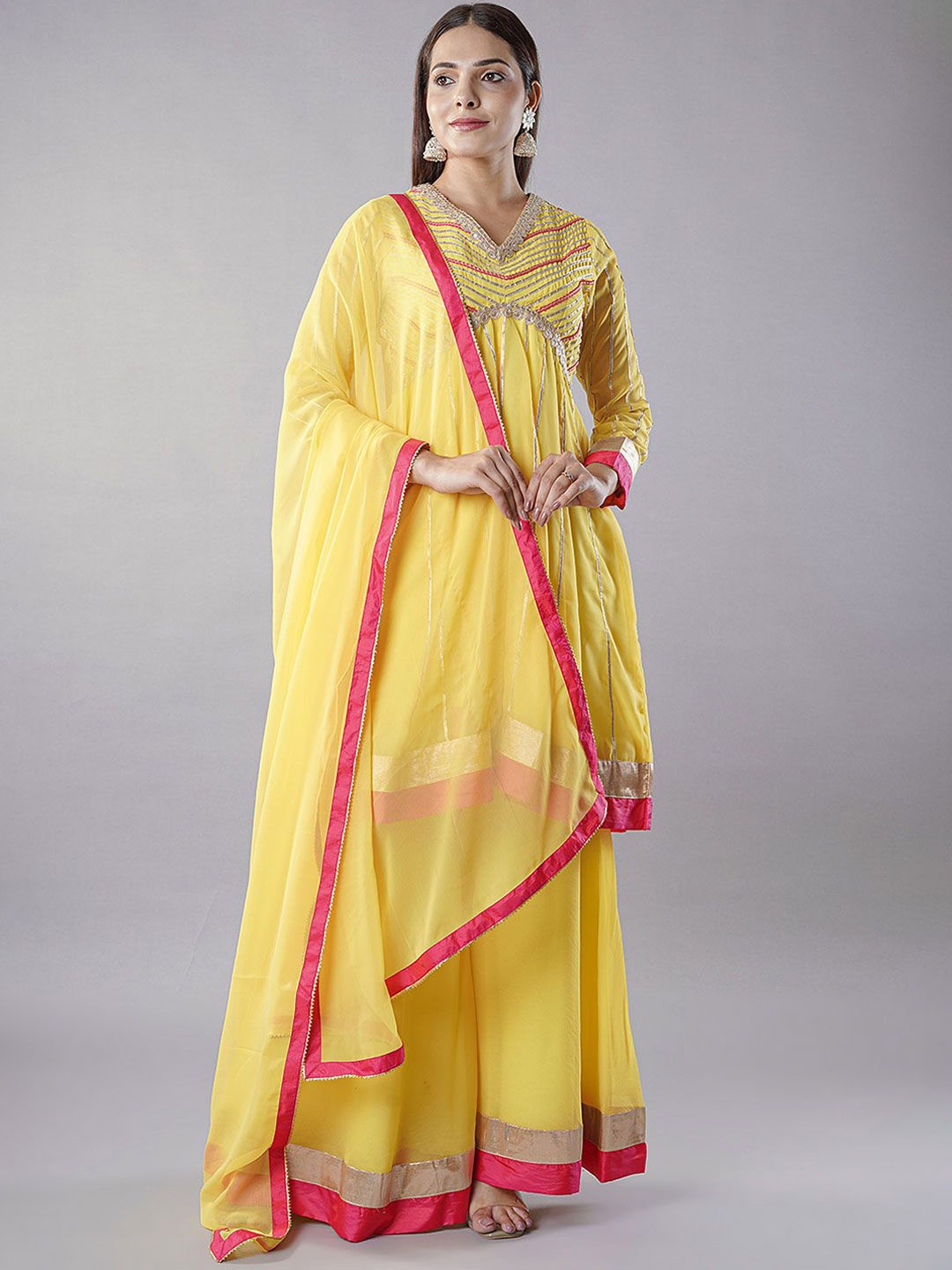 

Utsav Fashion Embroidered Pleated Kurta with Sharara & Dupatta, Yellow