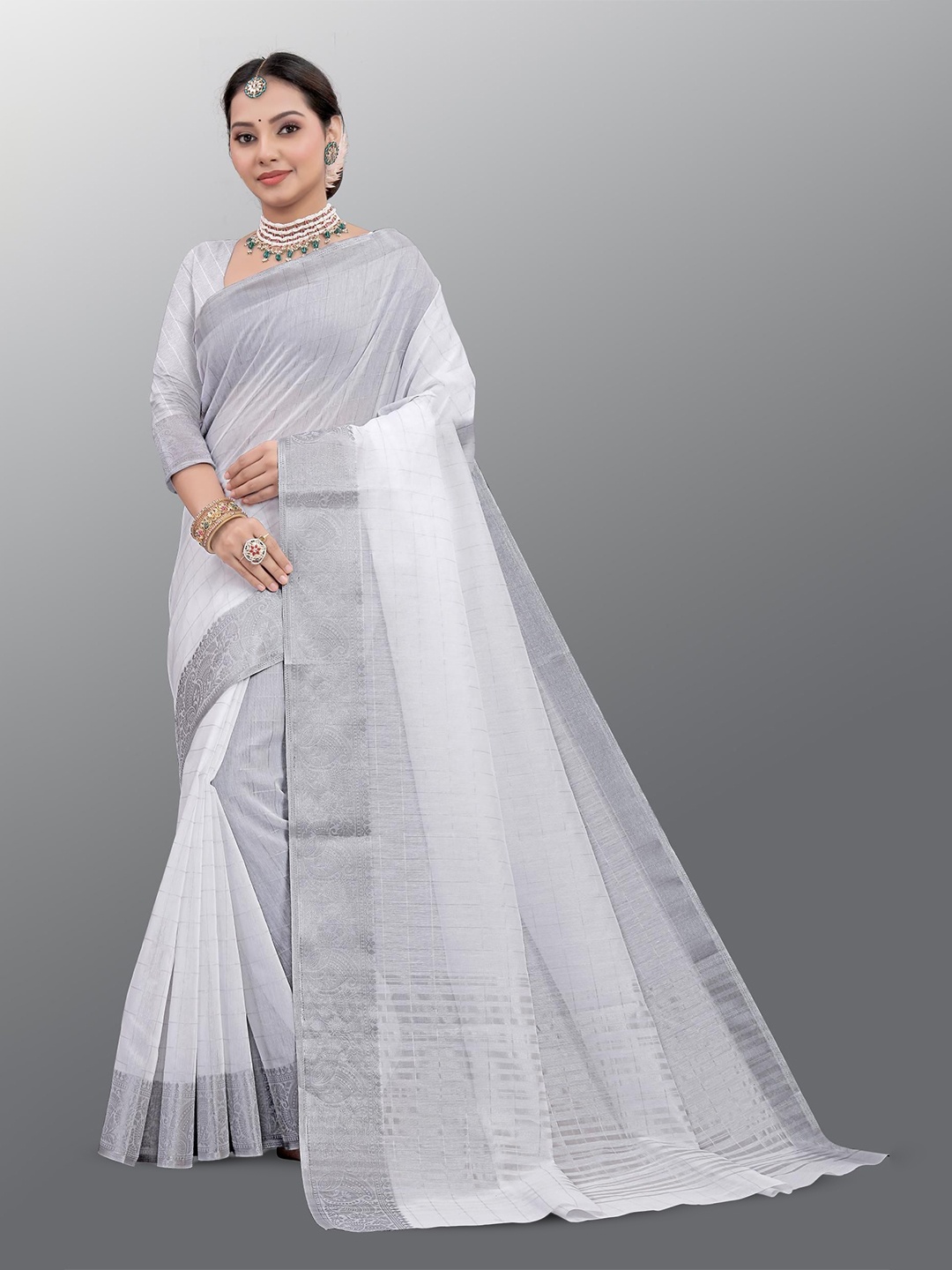 

THE52 Checked Zari Pure Silk Kasavu Saree, Grey