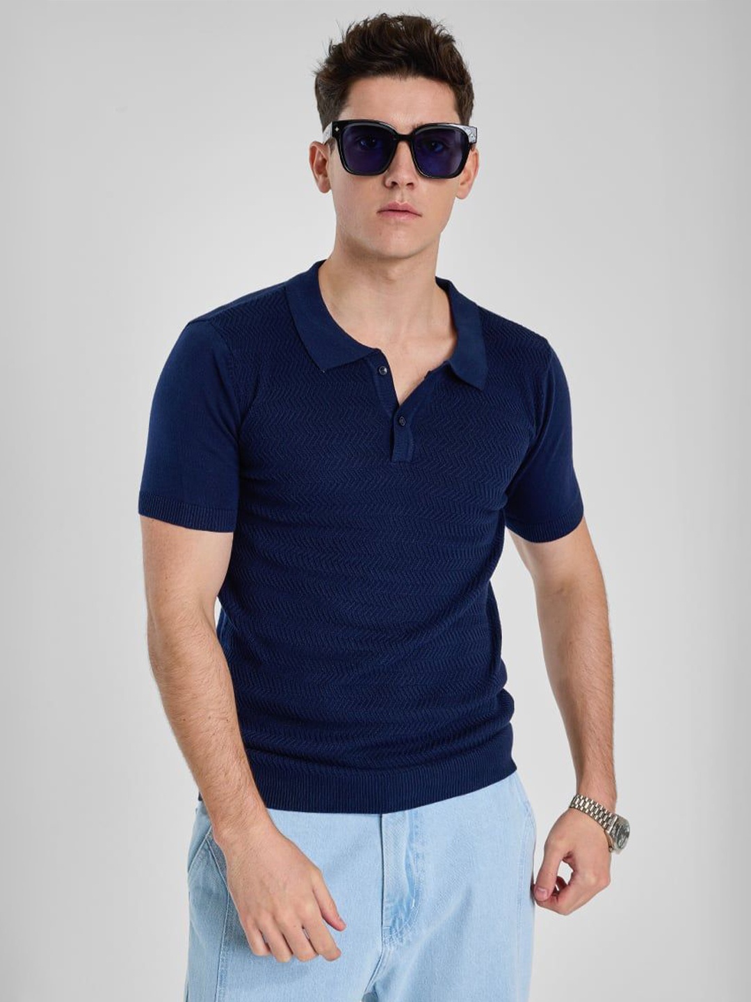 

Snitch Men Self Design Polo Collar Cotton Slim Fit T-shirt, Navy blue