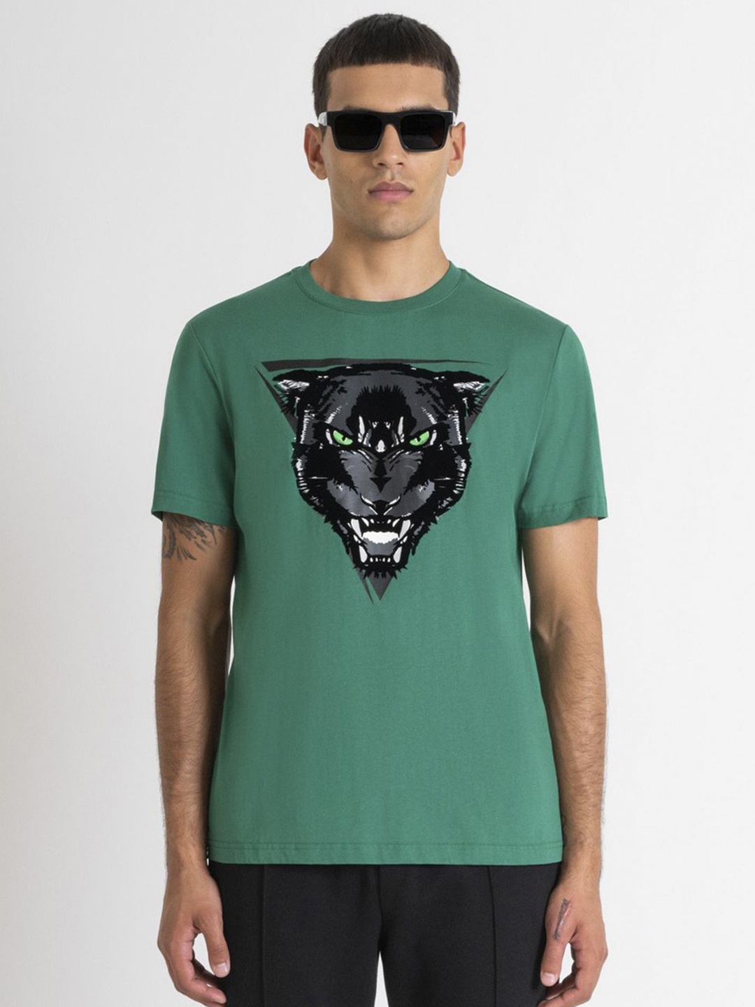

Antony Morato Men Animal Printed Round Neck Cotton T-shirt, Green