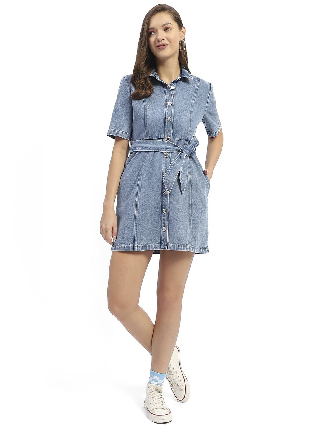 

Madame Women Solid Shirt Mini Dress, Blue