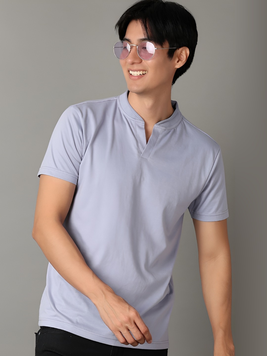 

V-Mart Men Solid Mandarin Collar Cotton T-shirt, Grey
