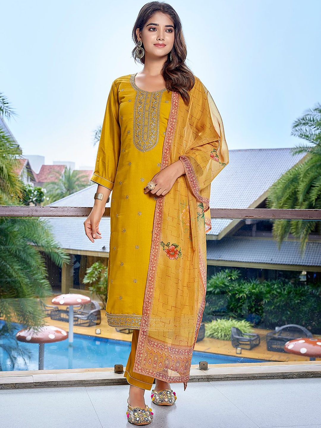 

Royal Export Floral Embroidered Straight Kurta with Trousers & Dupatta, Yellow