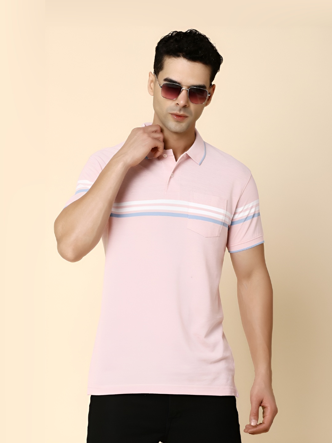 

V-Mart Men Striped Polo Collar T-shirt, Pink