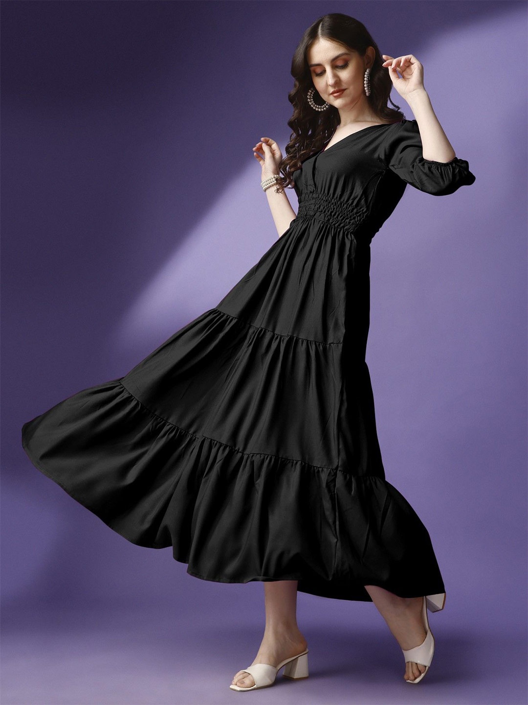 

Raiyani Enterprise Women Applique Crepe Fit & Flare Midi Dress, Black