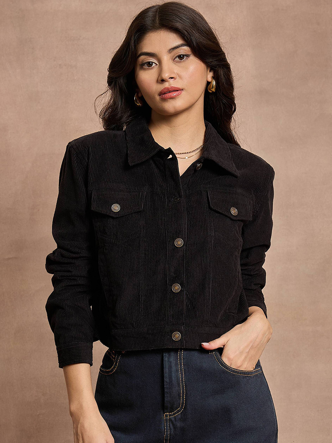 

SASSAFRAS Women Spread Collar Solid Corduroy Casual Tailored Jacket, Black