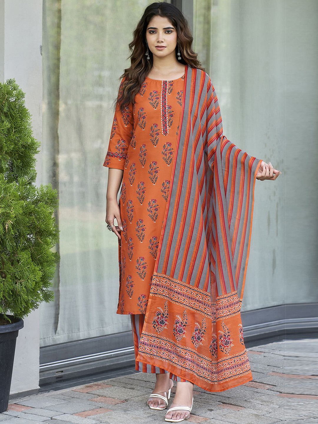 

KALINI Floral Printed Gotta Patti Straight Kurta With Trouser & Dupatta, Rust