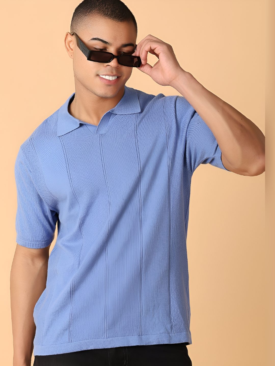 

V-Mart Men Self Design Polo Collar Cotton T-shirt, Blue