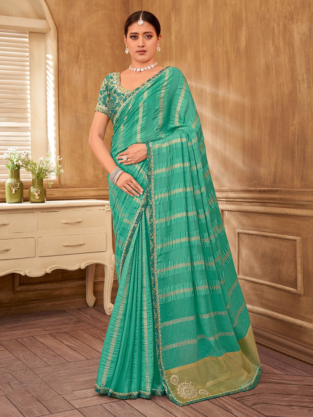 

Laxmipati Striped Embroidered Saree, Sea green