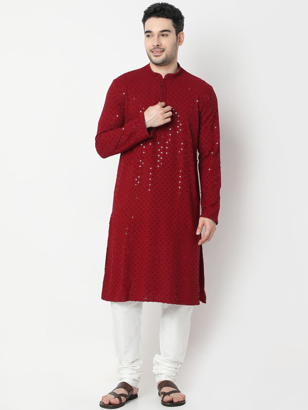 

Ethnicity Geometric Embroidered Sequinned Mandarin Collar Straight Kurta with Churidar, Red