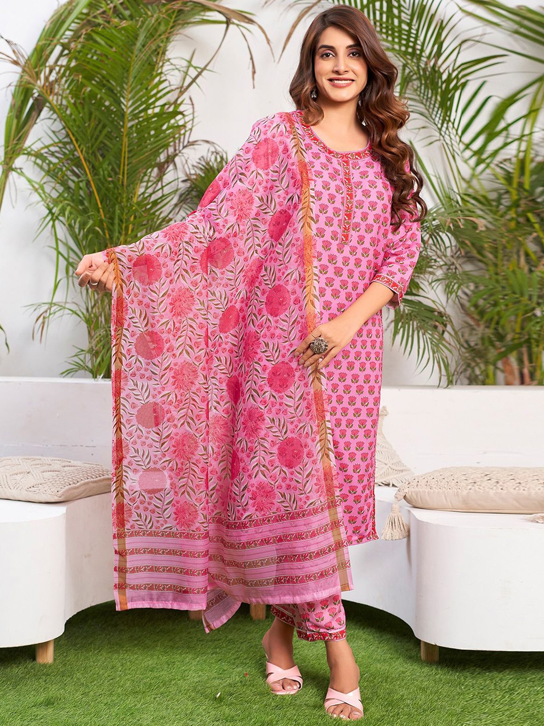 

KALINI Floral Printed Straight Kurta with Trousers & Dupatta, Pink