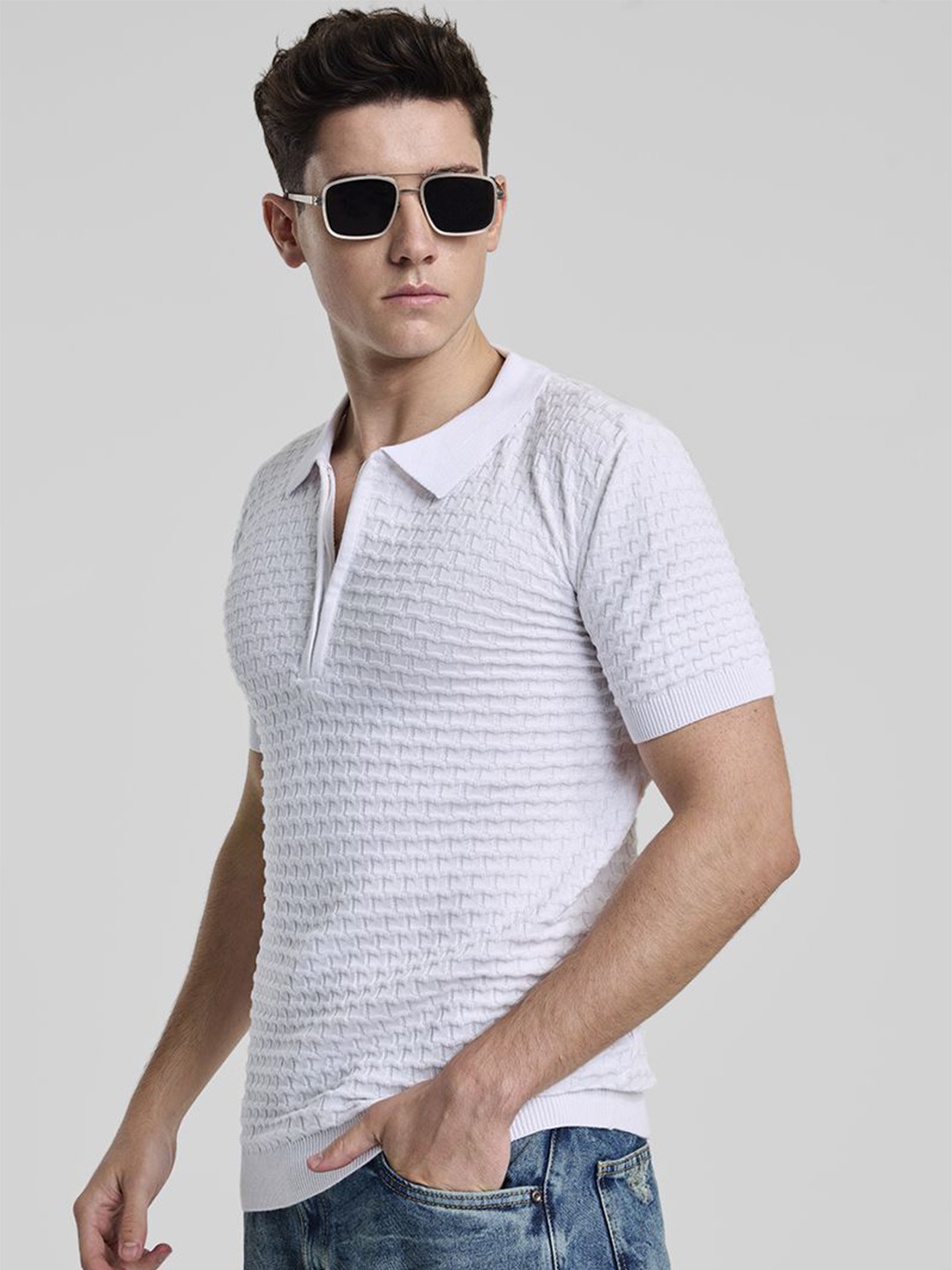 

Snitch Men Self Design Polo Collar Cotton Slim Fit T-shirt, White