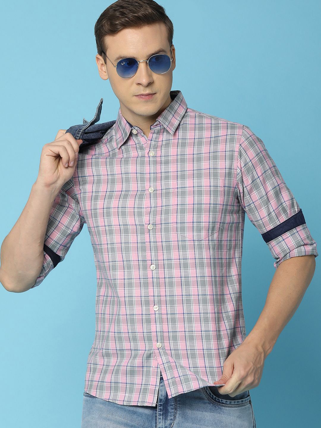 

V-Mart Men Spread Collar Tartan Checked Cotton Casual Shirt, Pink