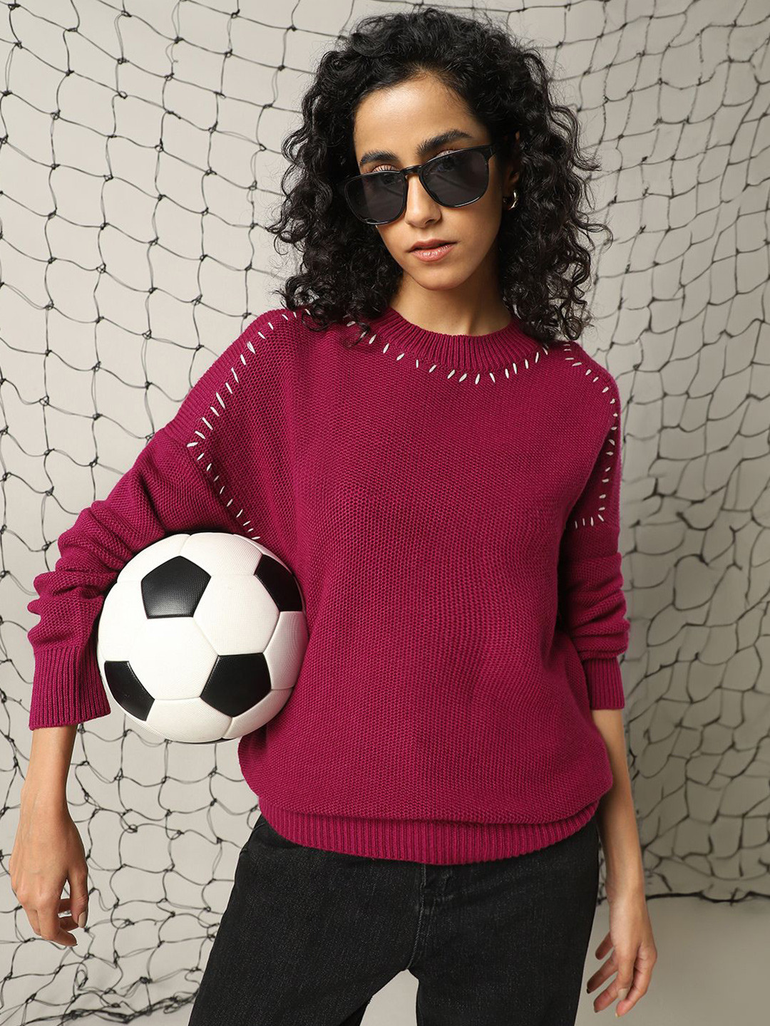 

Hubberholme Women Relax Fit Contrast Stitch Detail Pullover, Pink