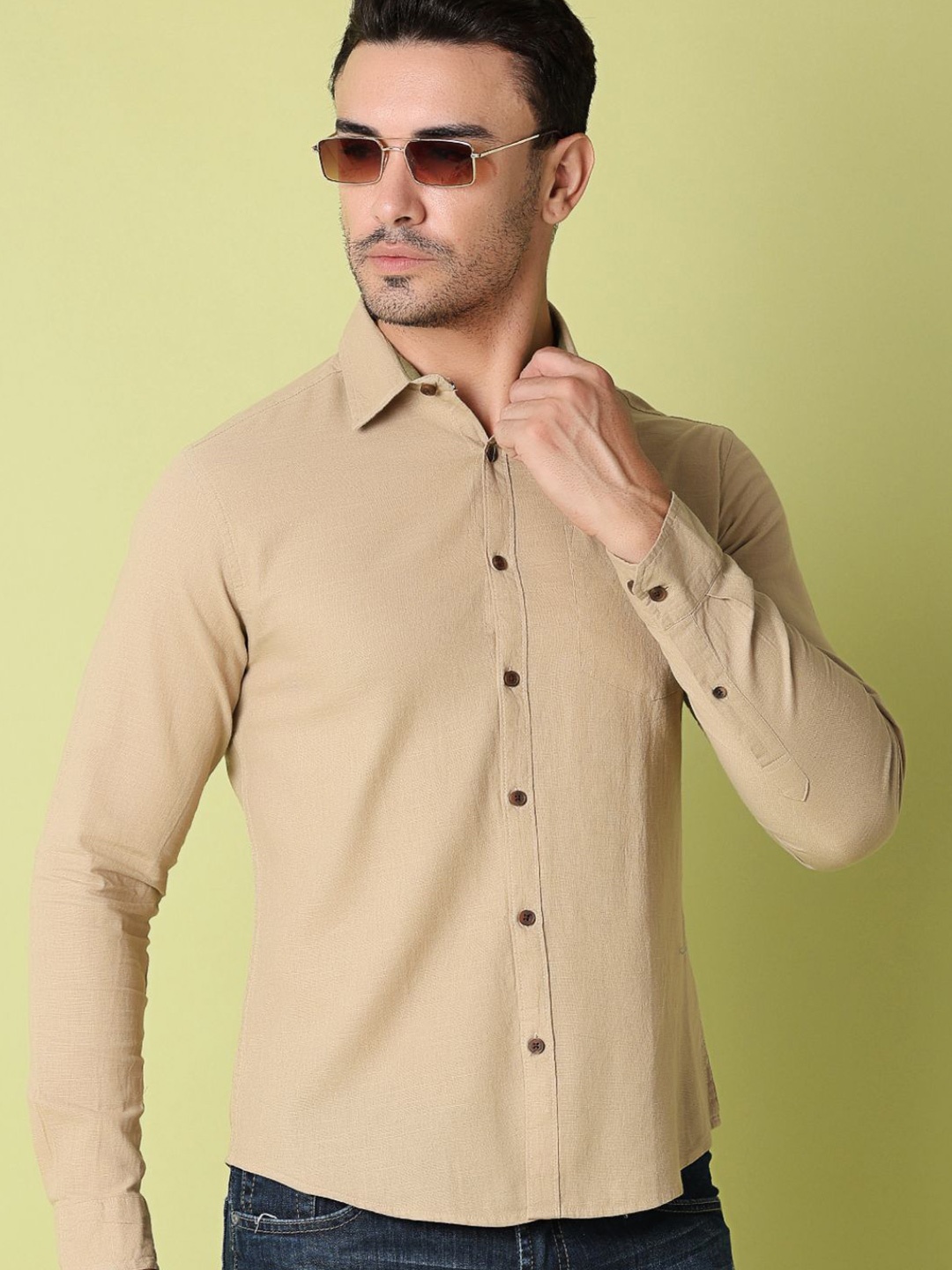 

V-Mart Men Spread Collar Solid Cotton Casual Shirt, Beige