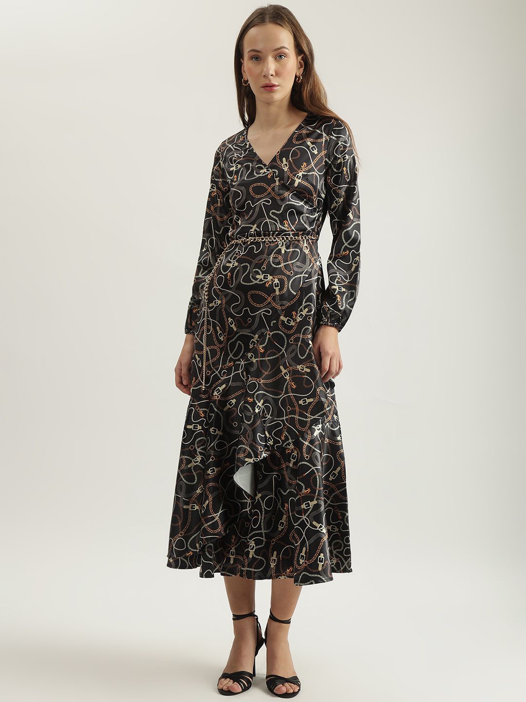 

Iconic Women Printed V-Neck Full Sleeves Wrap Dress, Black