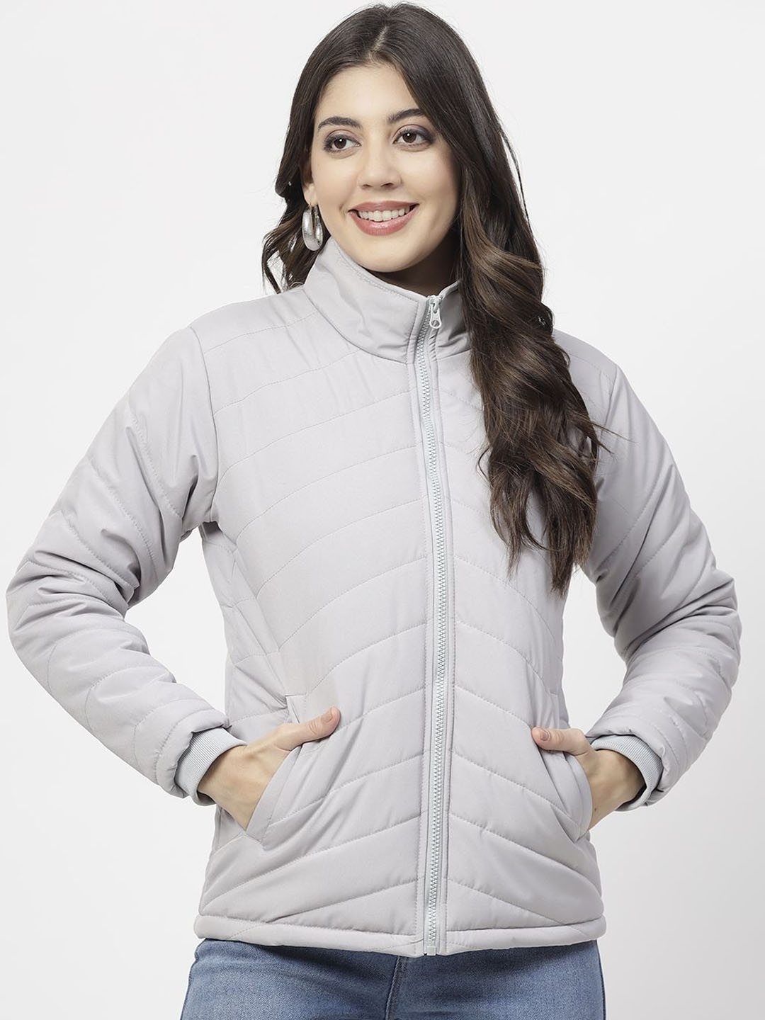 

WELL QUALITY Women Mock Collar Solid Casual Padded Jacket, Grey