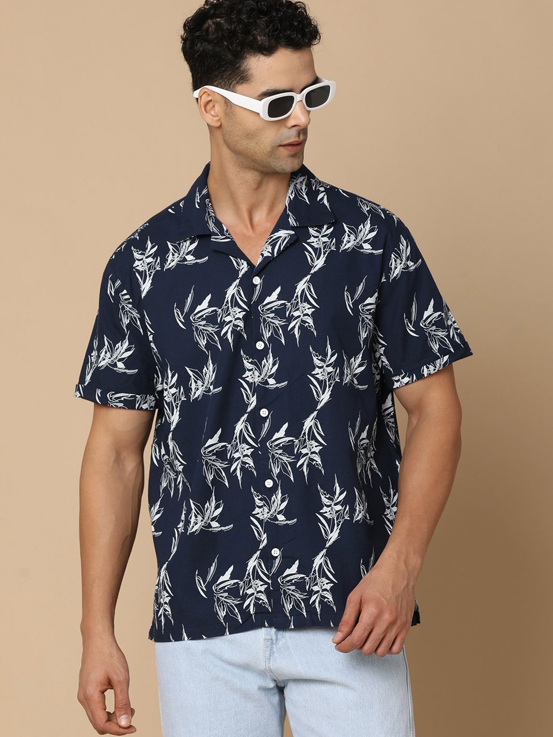 

V-Mart Men Cuban Collar Floral Printed Cotton Casual Shirt, Navy blue