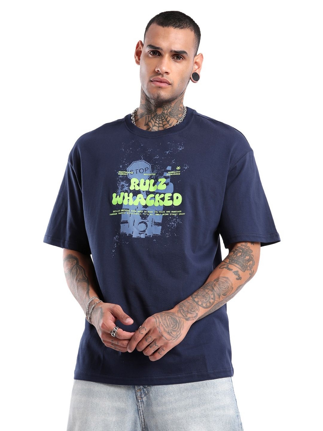 

WROGN Men Typography Printed Round Neck Cotton Oversized T-shirt, Navy blue