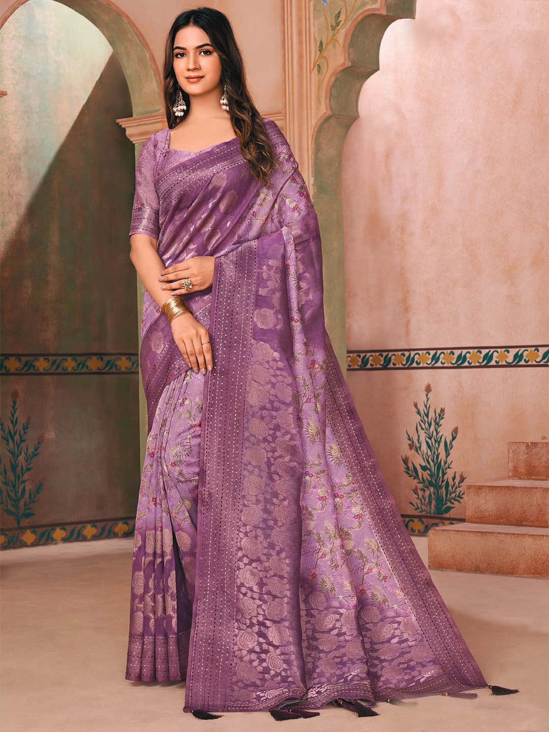 

MAHALASA Floral Woven Design Saree, Purple