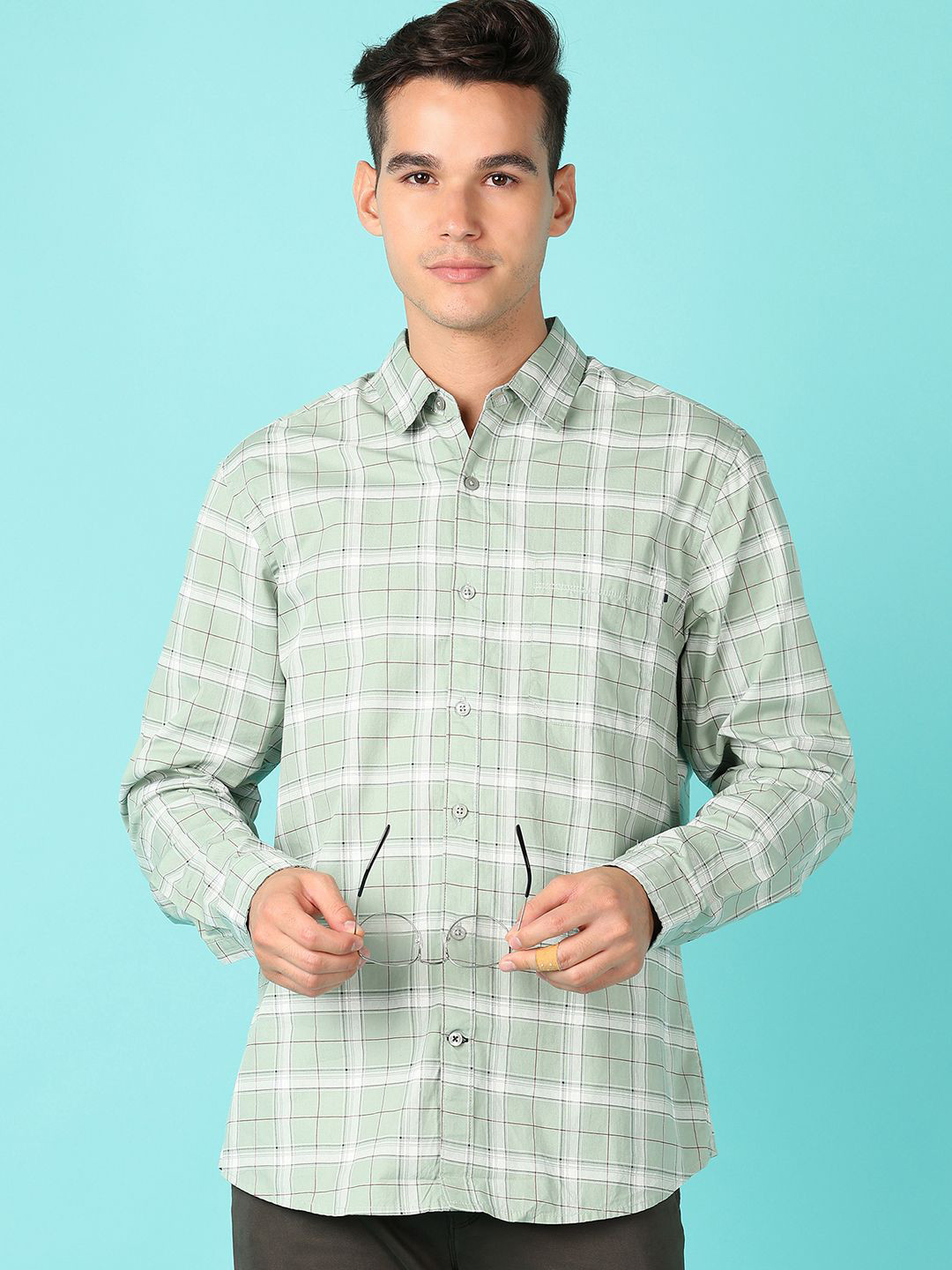 

V-Mart Men Spread Collar Tartan Checked Cotton Casual Shirt, Green