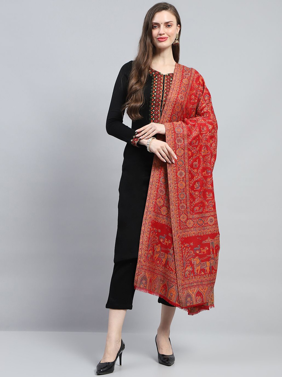 

Monte Carlo Ethnic Motifs Woven Design Shawl, Red