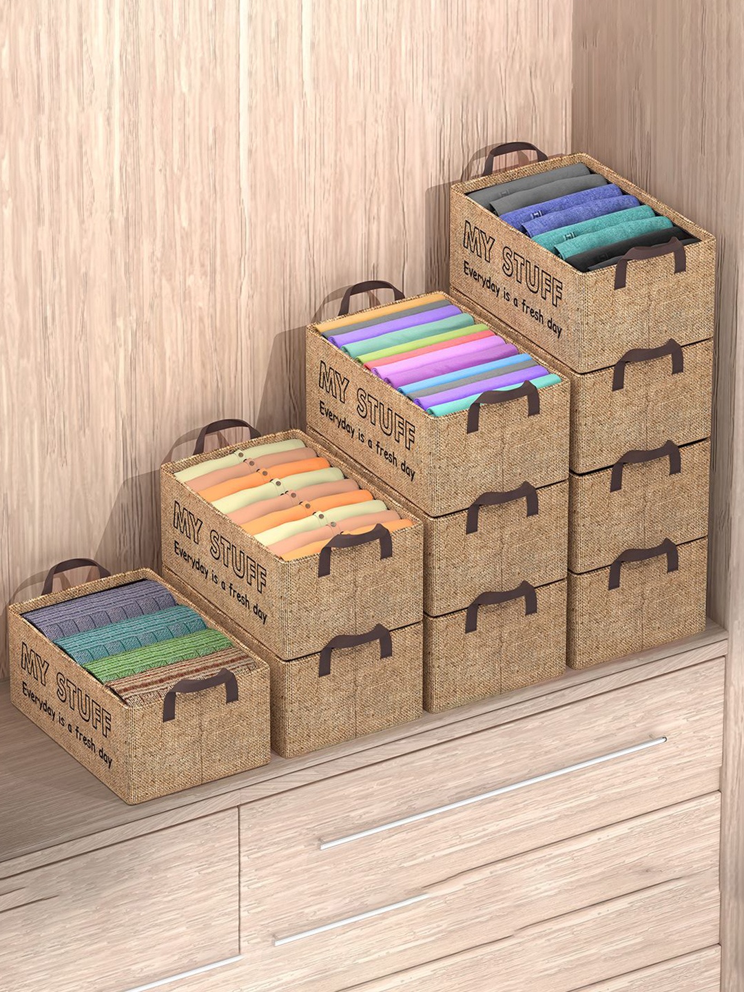 

Kuber Industries Brown 10 Pieces Printed Jute Foldable Drawer Organisers