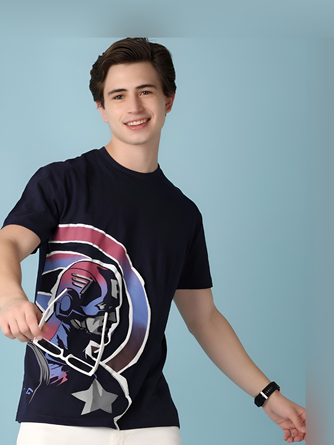 

V-Mart Men Captain America Graphic Printed Round Neck Cotton T-shirt, Navy blue