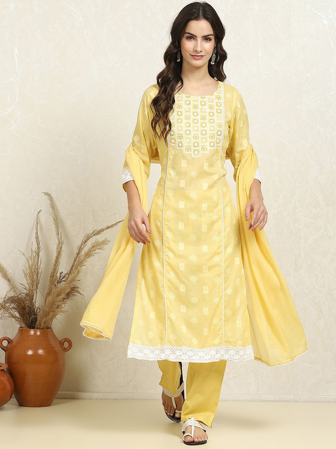 

Biba Floral Embroidered Thread Work Pure Cotton Unstitched Dress Material, Yellow