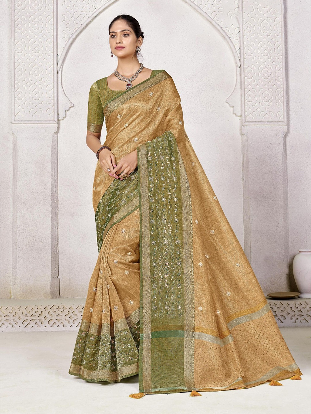 

MAHALASA Ethnic Motifs Embroidered Tissue Saree, Mustard