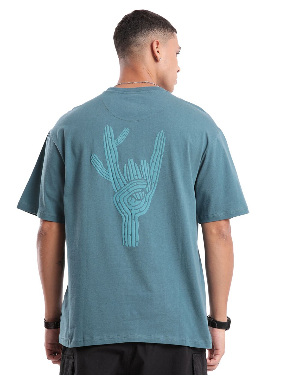 

WROGN Men Abstract Printed Round Neck Cotton Oversized T-shirt, Teal