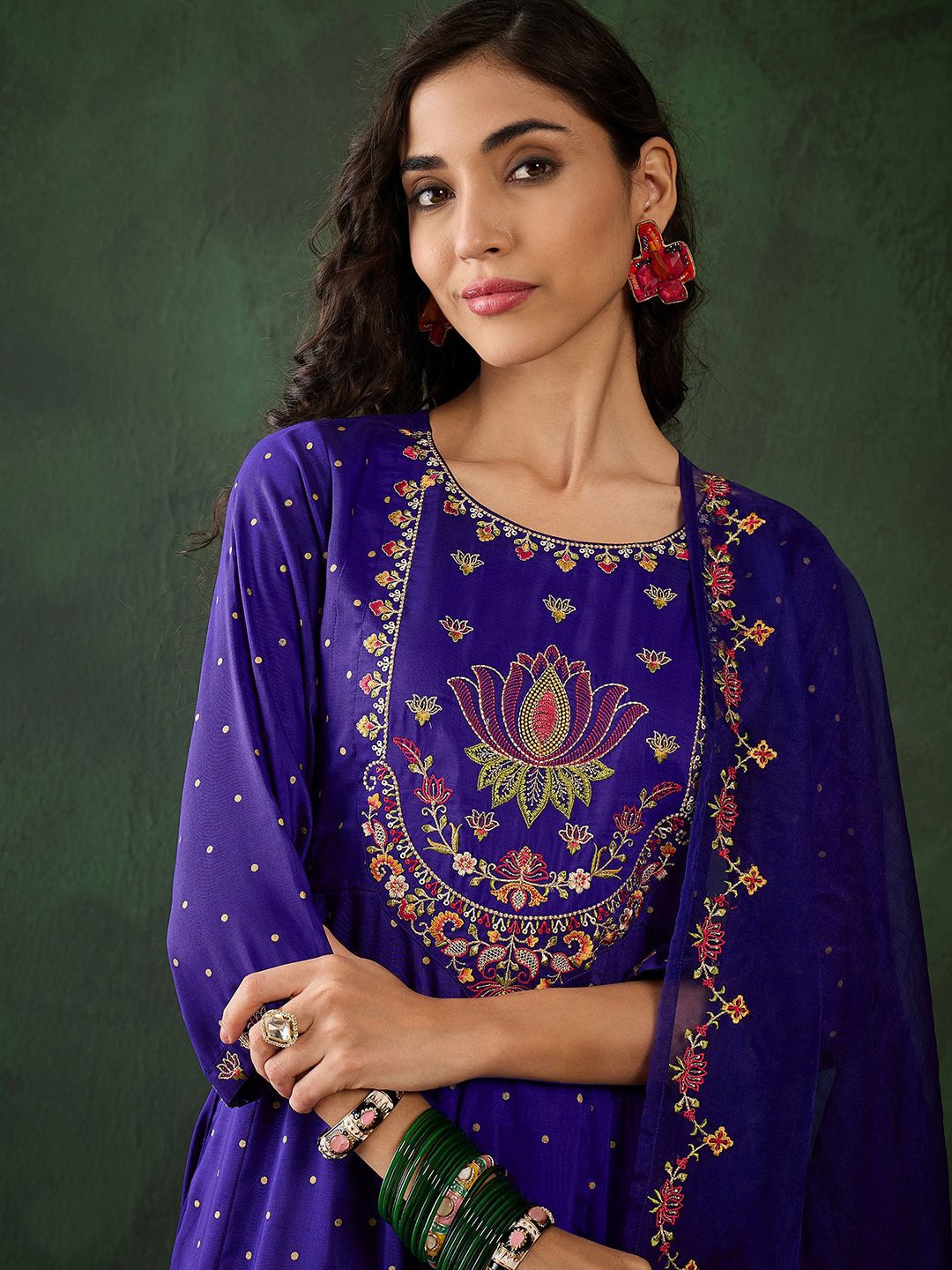 

Sangria Floral Embroidered A Line Kurta & Trouser With Dupatta, Blue