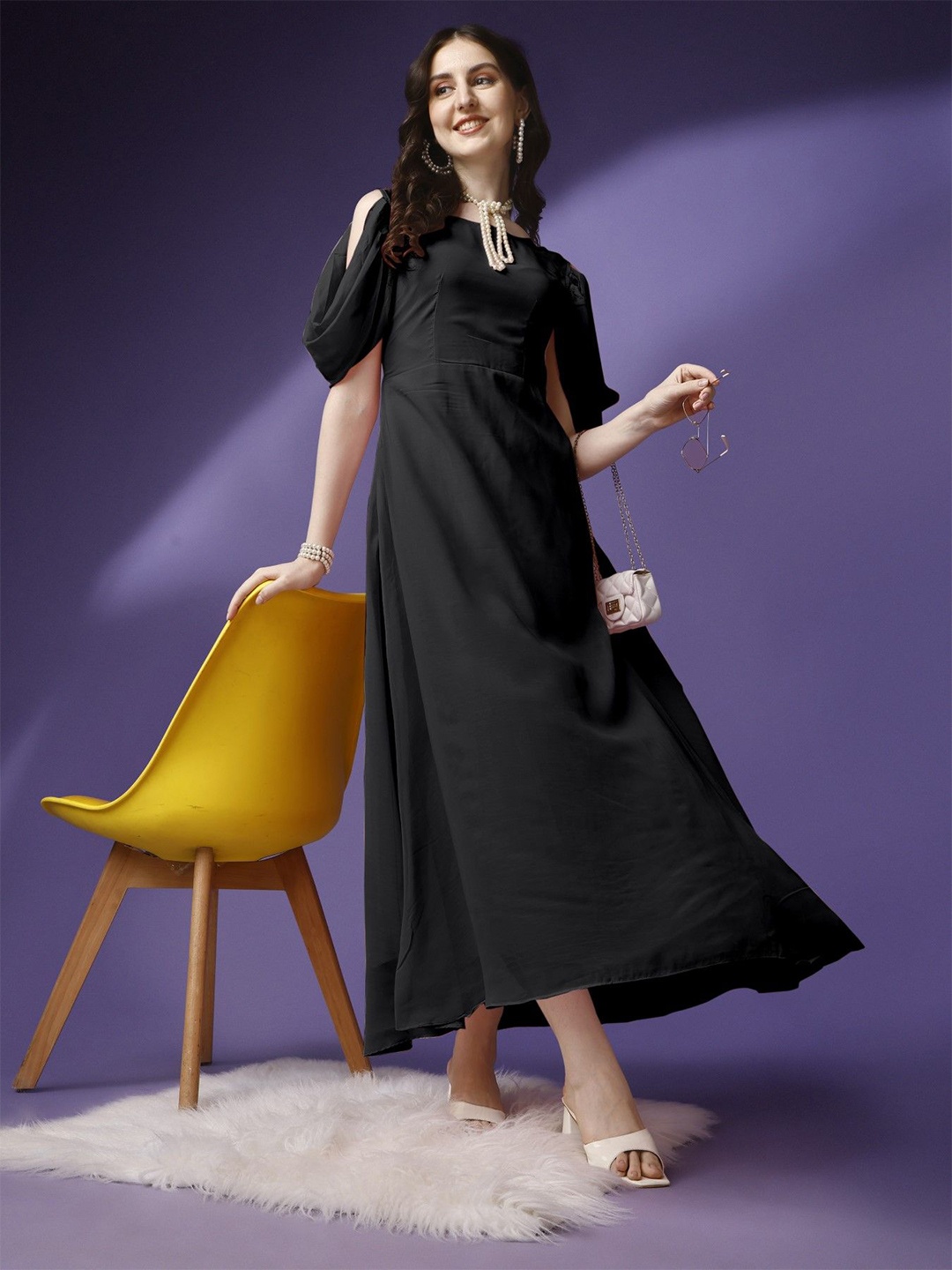 

Raiyani Enterprise Women Bell Sleeve Applique Fit & Flare Maxi Dress, Black