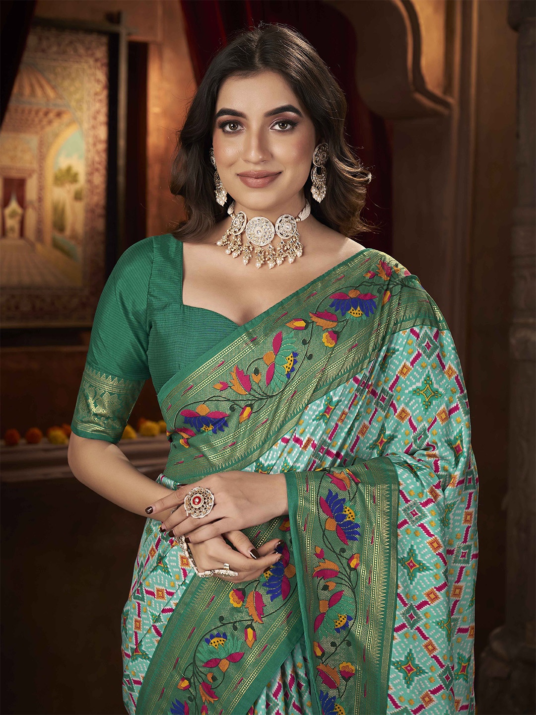 

Ethnielle Pure Silk Woven Design Block Print Saree, Green