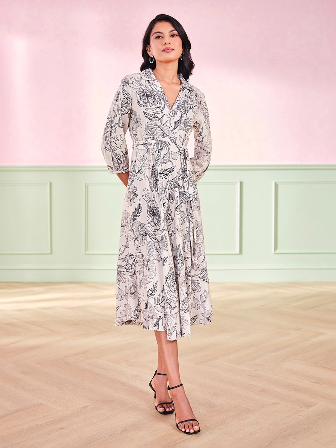 

AND Animal Print Women V-Neck Fit & Flare Midi Dress, Cream