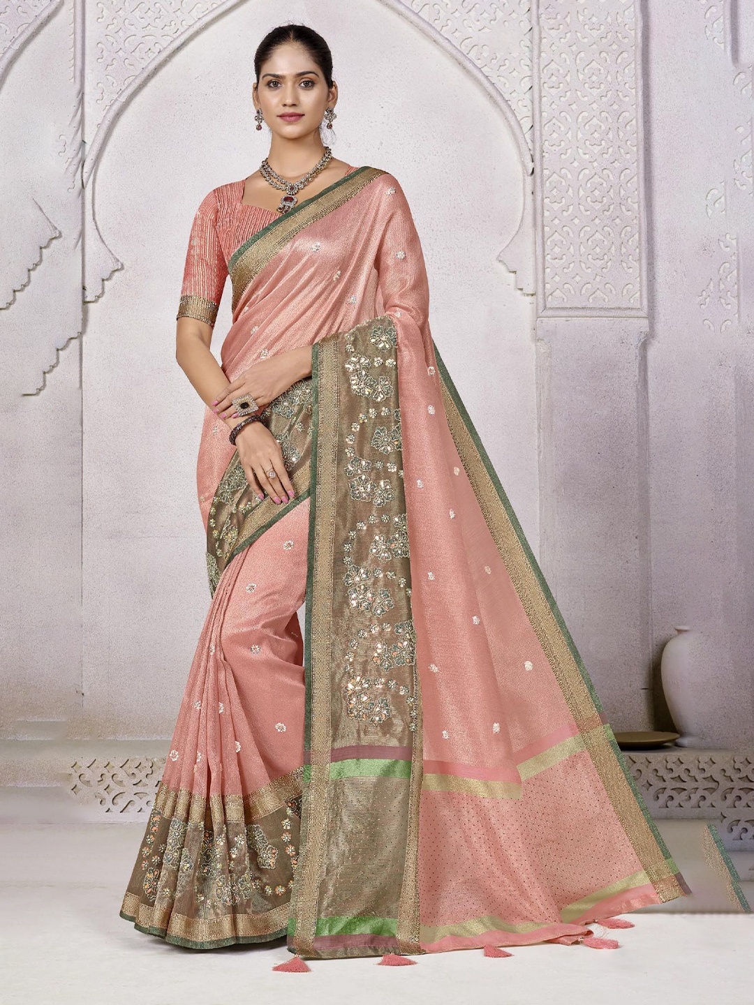 

MAHALASA Ethnic Motifs Embroidered Tissue Saree, Peach