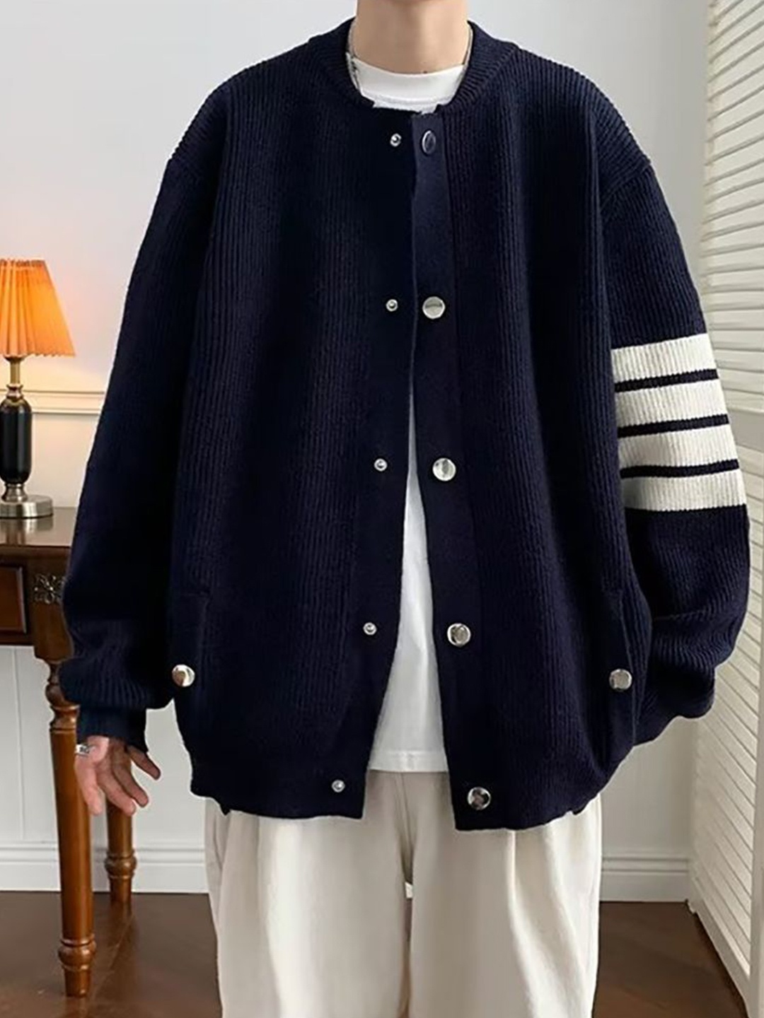 

StyleCast x Revolte Men Front-Open Round Neck Solid Casual Sweaters, Navy blue