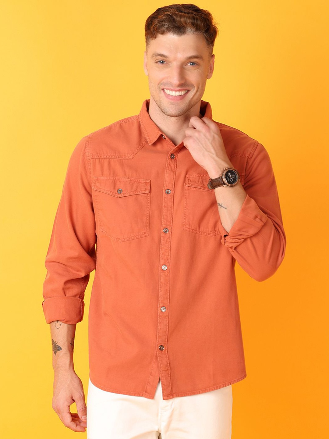 

V-Mart Men Spread Collar Solid Cotton Casual Shirt, Coral