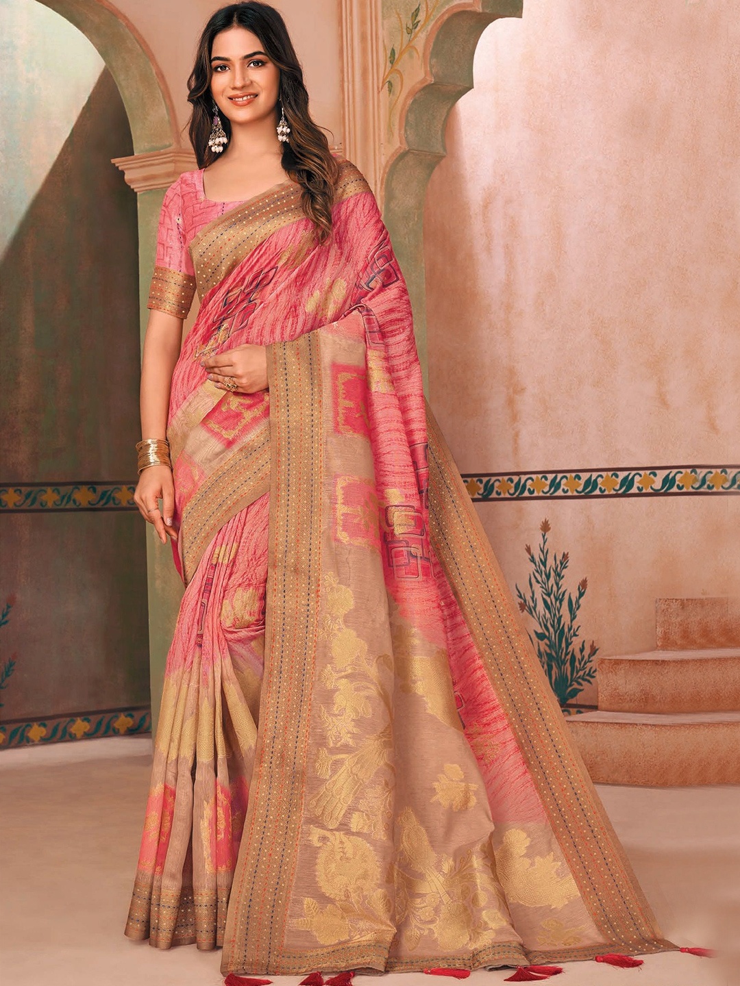 

MAHALASA Ethnic Motifs Woven Design Zari Saree, Pink