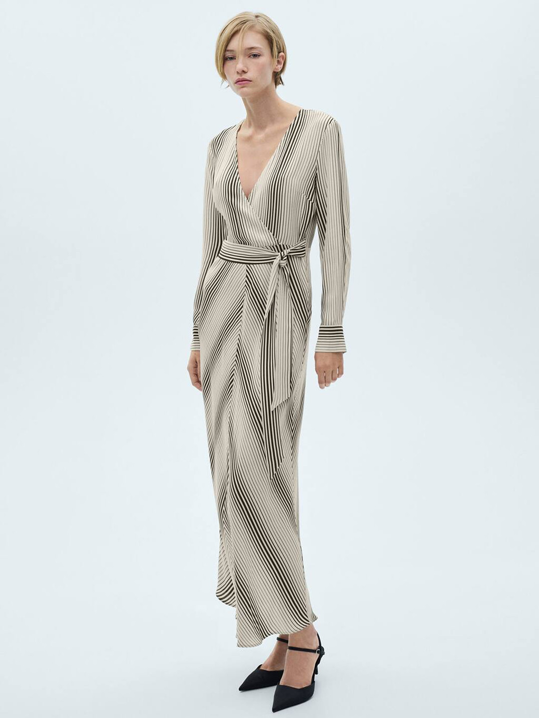 

MANGO Striped Belted Maxi Dress with Slit, Off white