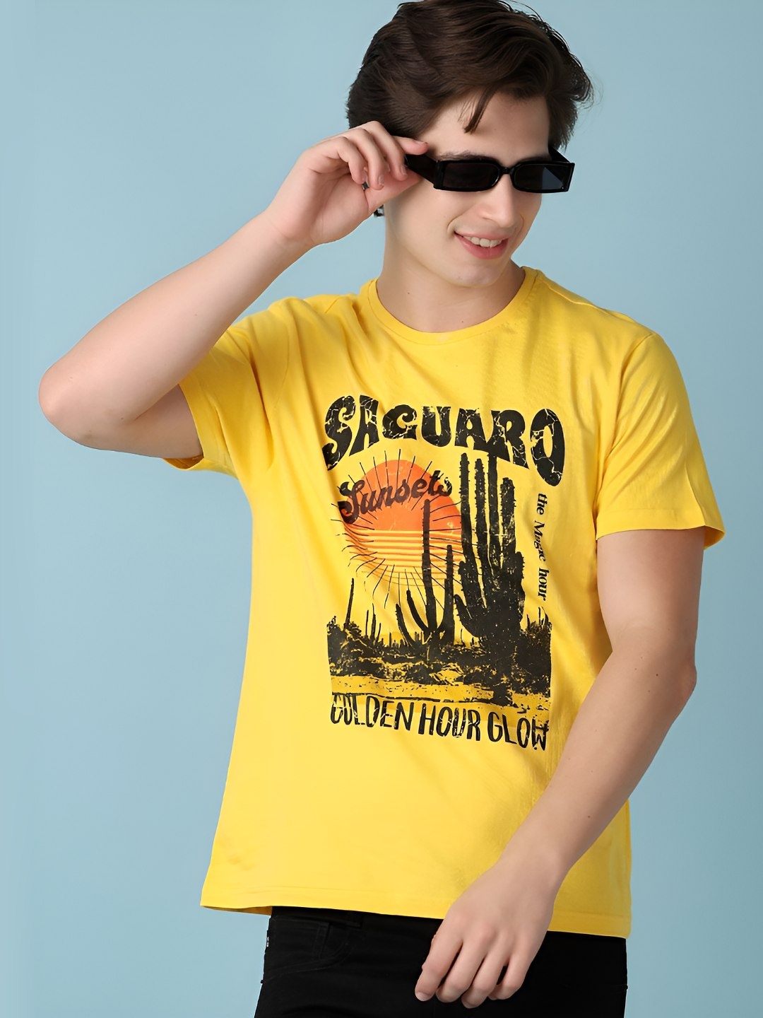 

V-Mart Men Graphic Printed Round Neck Cotton T-shirt, Yellow