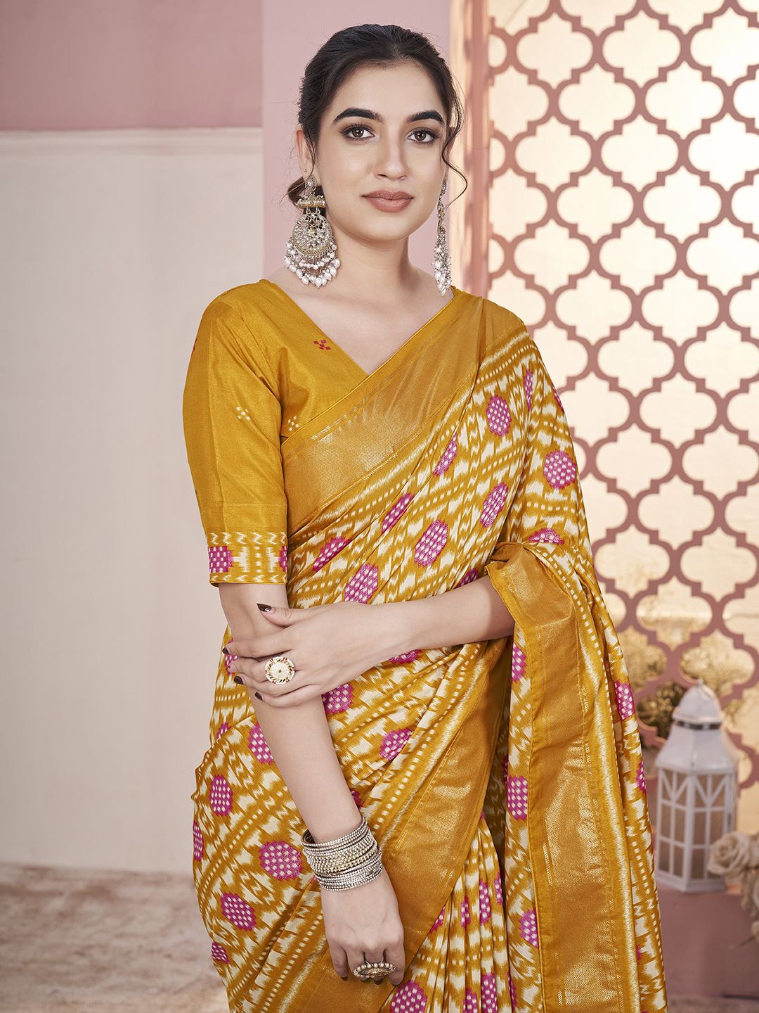 

Ethnielle Printed Pure Silk Block Print Saree, Mustard