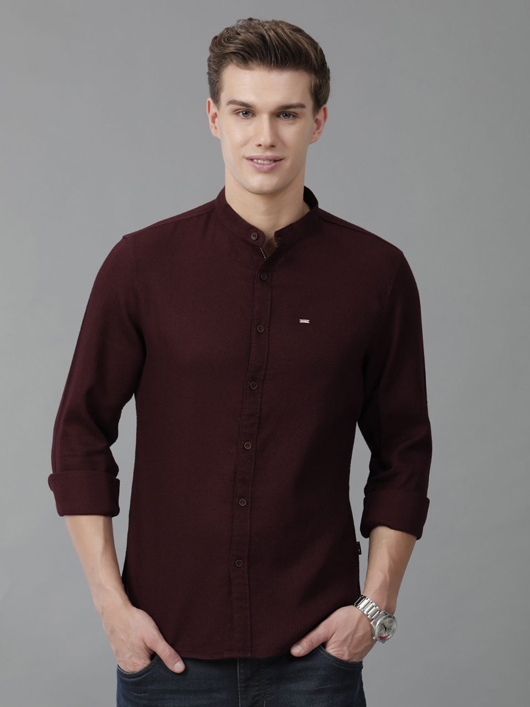 

IDENTITI Men Band Collar Solid Cotton Slim Fit Casual Shirt, Maroon