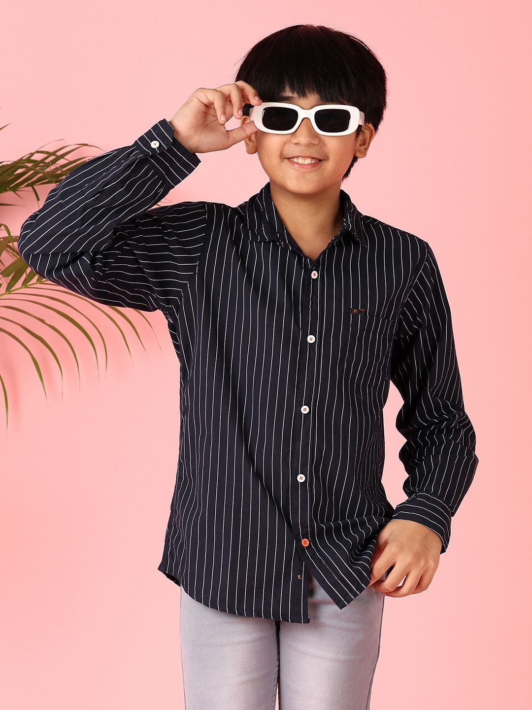 

V-Mart Boys Spread Collar Vertical Striped Cotton Casual Shirt, Navy blue