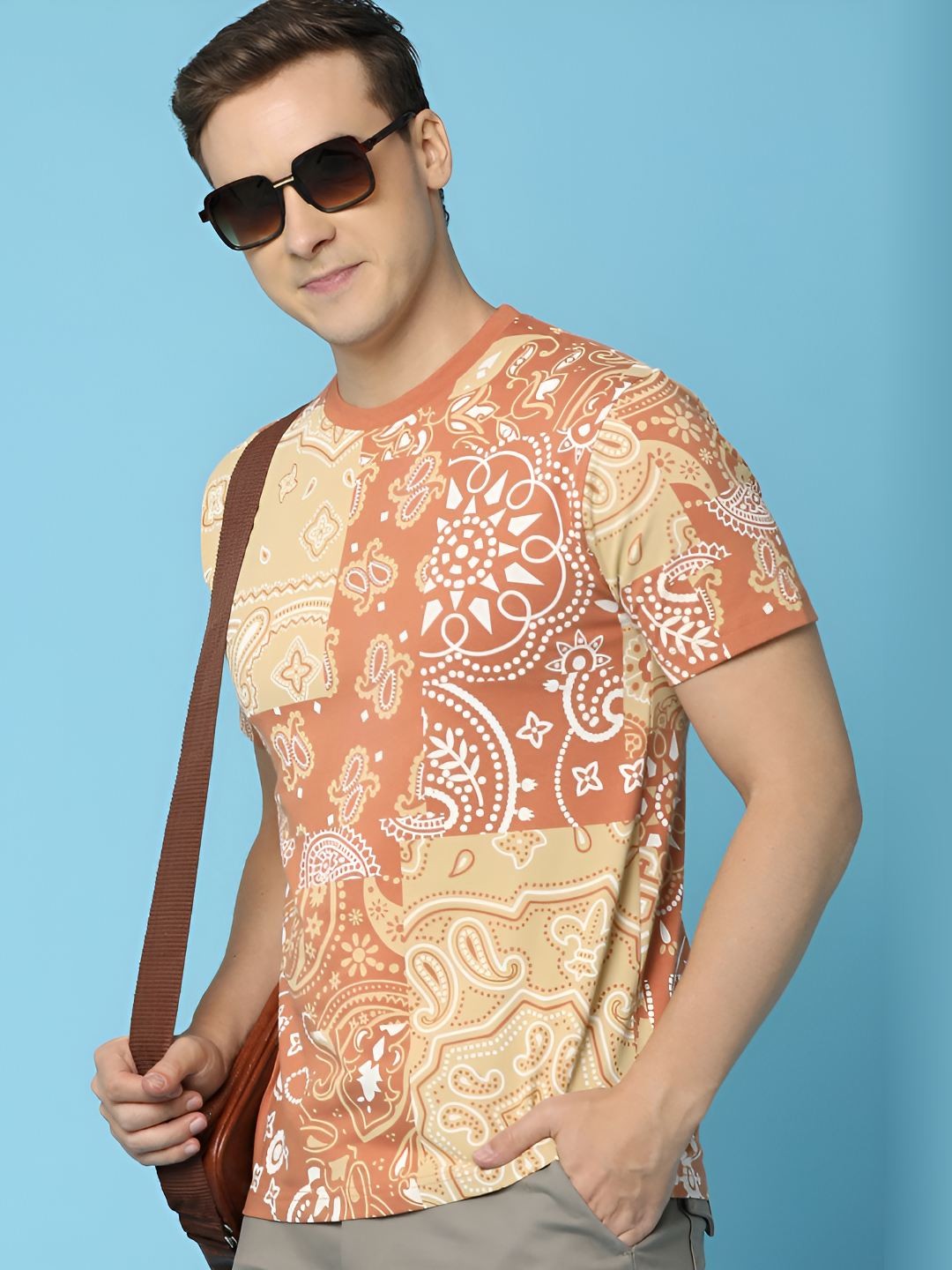 

V-Mart Men Abstract Printed Round Neck Cotton T-shirt, Orange