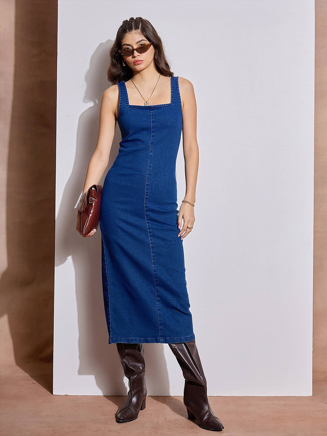 

SASSAFRAS Womens Denim Bodycon Midi Dress, Navy blue