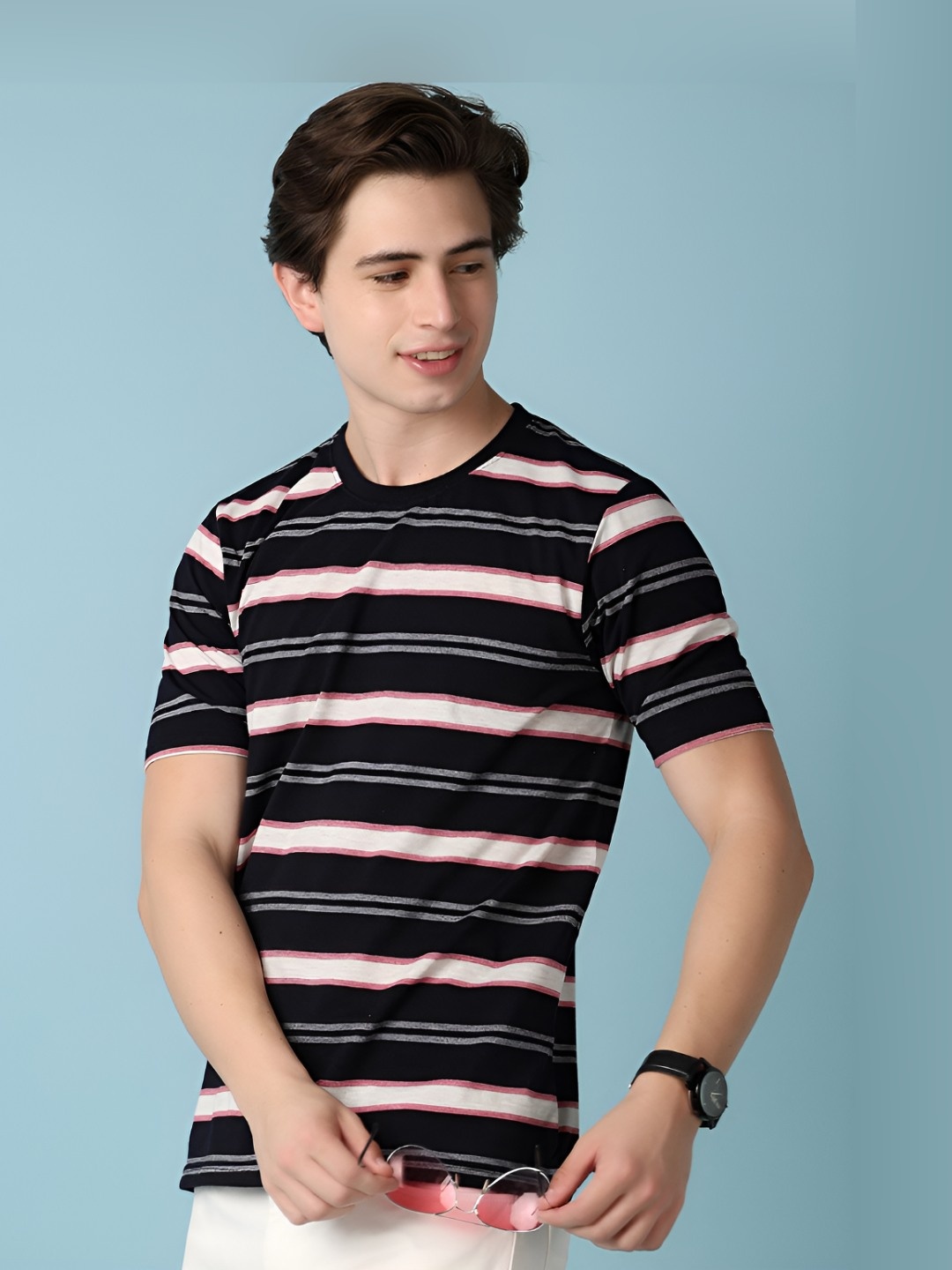 

V-Mart Men Striped Round Neck T-shirt, Black