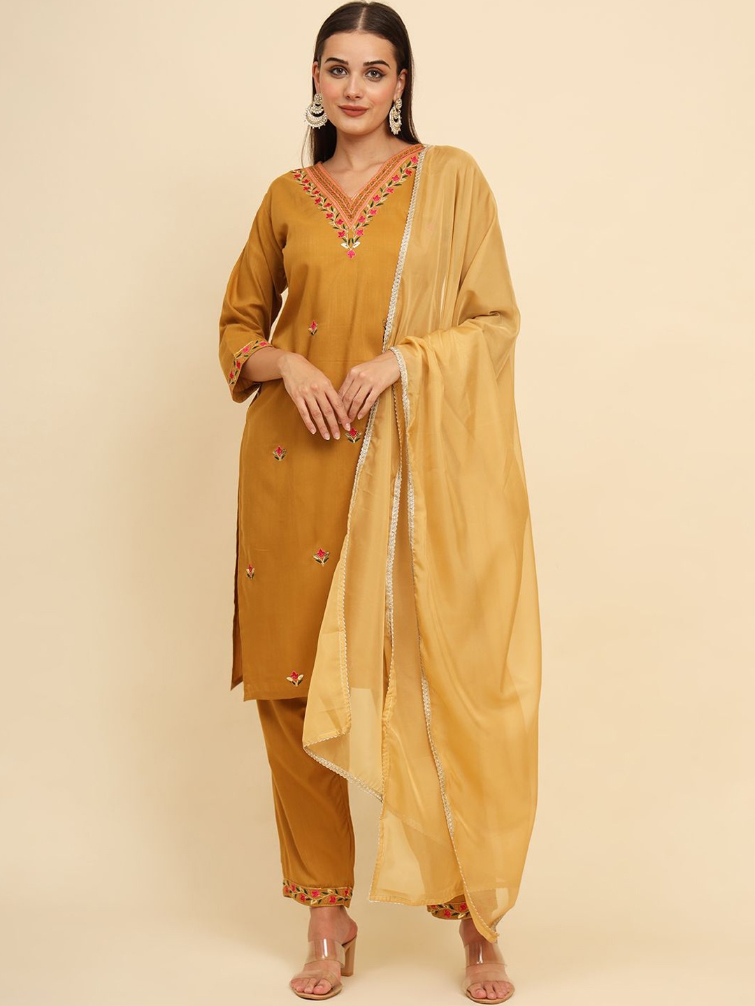 

HERE&NOW Floral Embroidered Regular Thread Work Straight Kurta with Palazzos & Dupatta, Mustard